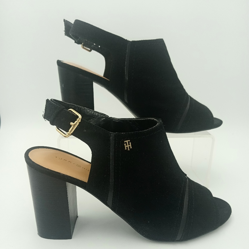 Tommy Hilfiger Black Suede Peep-Toe Slingback Block Heel Sandals Size 8.5
